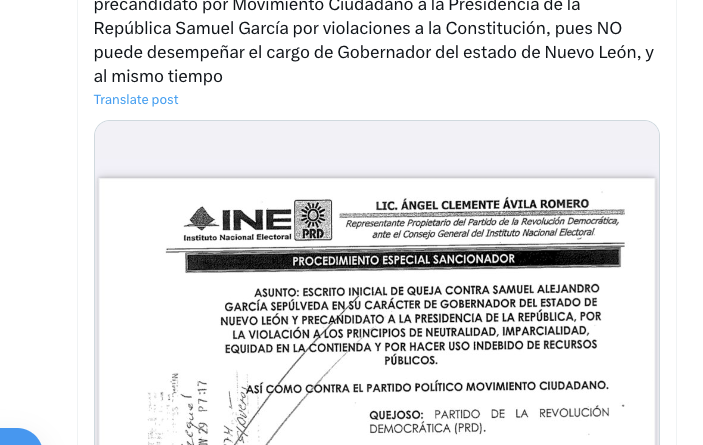 INE debe cancelar registro de Samuel García: PRD